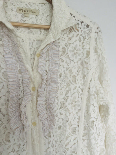 STETSON Ruffle Lace Shirt Sz XL Ivory Button Floral Long Sleeve Boho Western