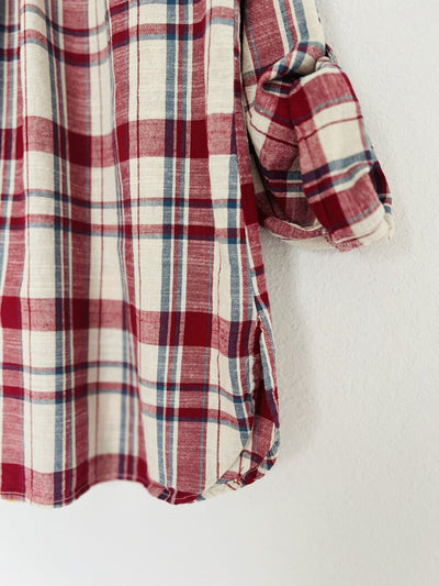 SAVANNA JANE Red Plaid Button Down Shirt Sz M Embroidered Roll Tab Sleeve Boho