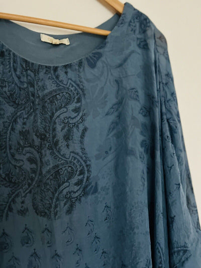 AMBRA 100% Silk Floral Tunic Blouse 3/4 Sleeve Blue Paisley Poncho Style Boho