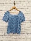 LOFT Embroidered Bubble Sleeve Top Womens Petite Large Floral Print Blue
