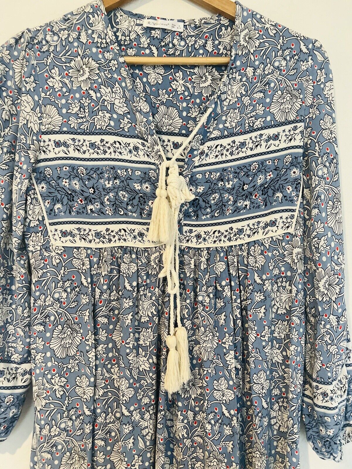 R.Vivimos Boho Dress Long Sleeve Tassel Midi Relaxed Fit Floral Blue Size S 4/6