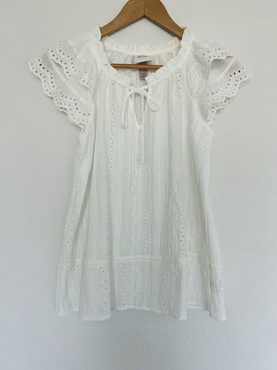 KNOX ROSE White Blouse Sz XS Boho Tassel V-Neck Floral Eyelet White Top