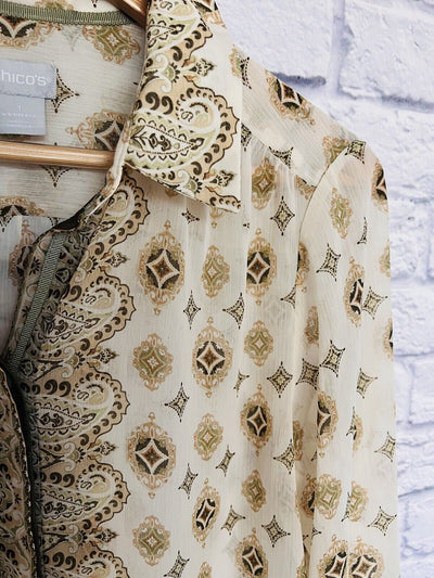 CHICOS Button Up Chiffon Blouse Sz 1 Sheer Long Sleeves Paisley Ivory Flowy