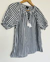 TALBOTS Tassel Tie Neck Blouse Sz S White Black Stripe Shirt Ruche Sleeve Boho