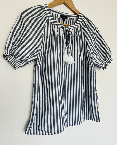 TALBOTS Tassel Tie Neck Blouse Sz S White Black Stripe Shirt Ruche Sleeve Boho