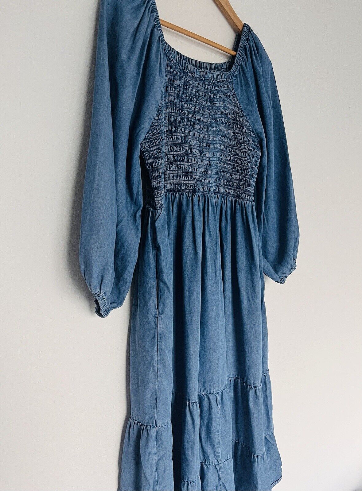 UNBRANDED Smocked Tiered MIDI Dress Blue Puff Sleeve Long Peasant Boho