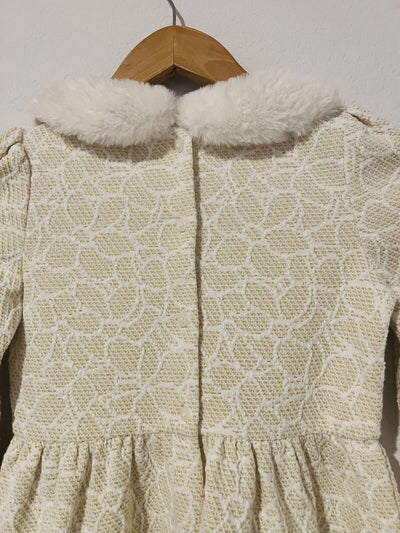 JANIE AND JACK Woven Girls Dress Sz 7 Heavy Knit Gold Detail Faux Fur Easter
