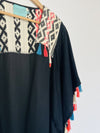 JUDITH MARCH Black Open Front Kimono Blouse Sz M Boho Aztec Tasseled Hi Low