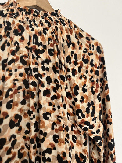 DEMOCRACY Leopard Animal Print Blouse Sz S Smocked High Neck Long Sleeve