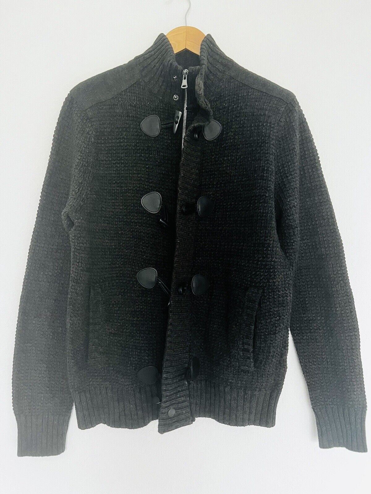 Express Mens Cardigan Sweater Sz M Brown Long Sleeve Cotton Toggle Button & Zip