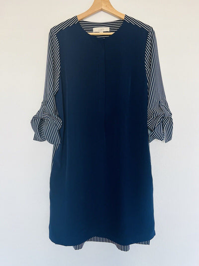 ANN TAYLOR Loft Navy Blue White Shirt Dress Sz M Block Shift 3/4 Sleeve Office