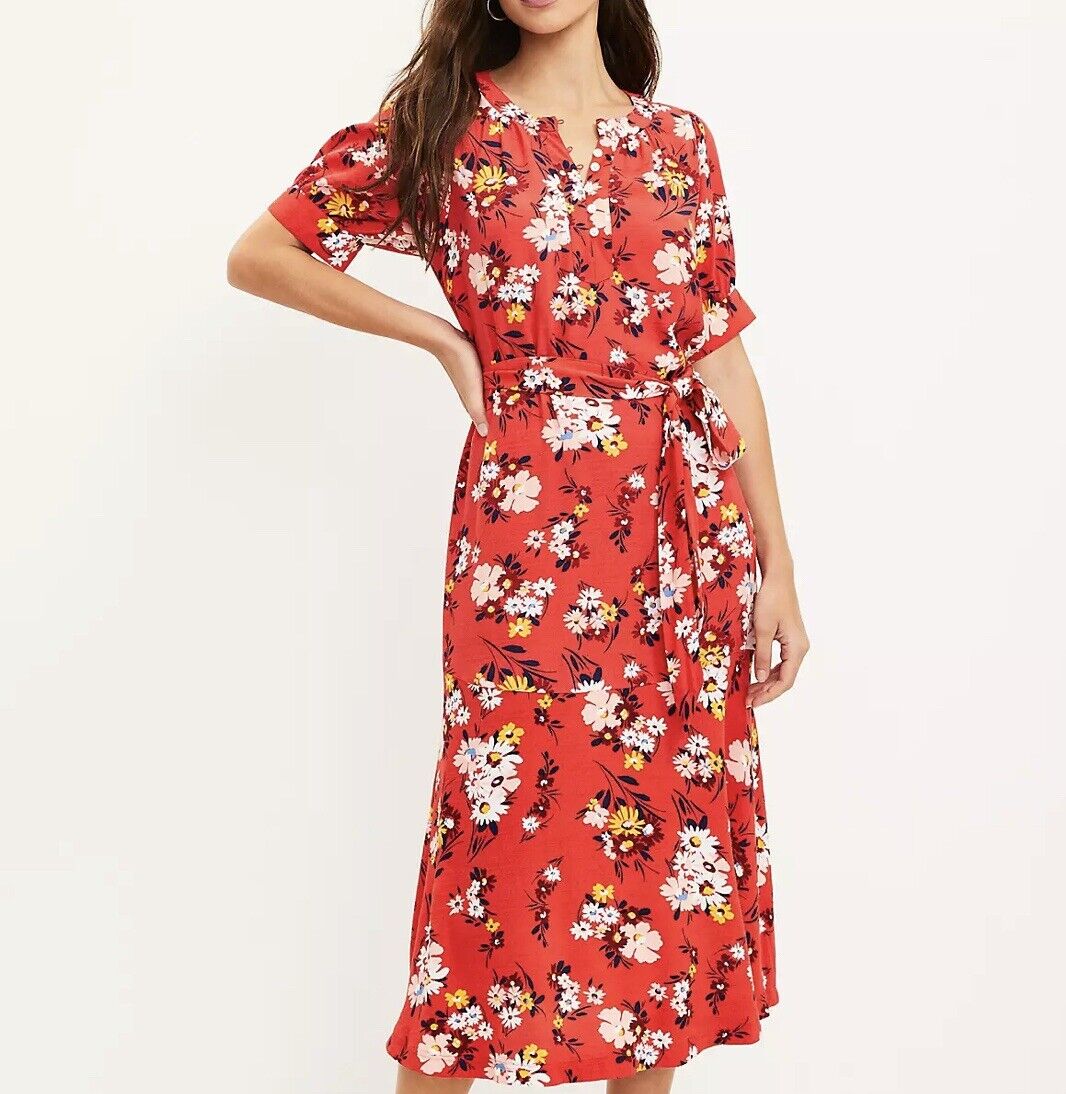 LOFT Floral Puff Floral Sleeve Midi Dress Sz 4 Button Front Tie Waist Boho