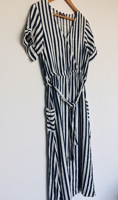 Faux Wrap Midi Dress Sz L Striped Blue/White Waist Tie Pockets 100% Rayon Woven