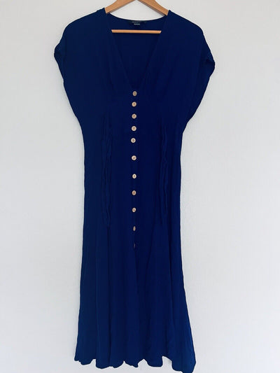 FOREVER 21 Contemporary Button Down Royal Blue Dress Sz L Long Rayon