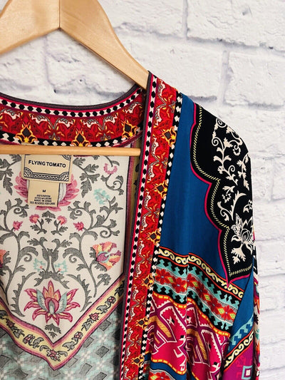FLYING TOMATO Black Geometric Print Open Front Kimono Jacket Sz M Lightweight
