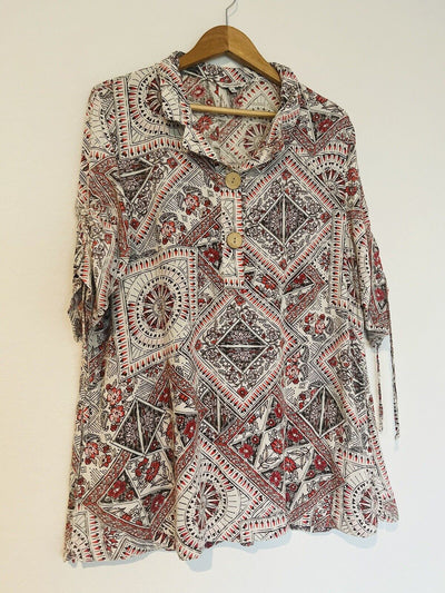 JOHN MARK Beige Floral Button 1/2 Button Shirt Sz XL Ruched Pocket Wire Tunic