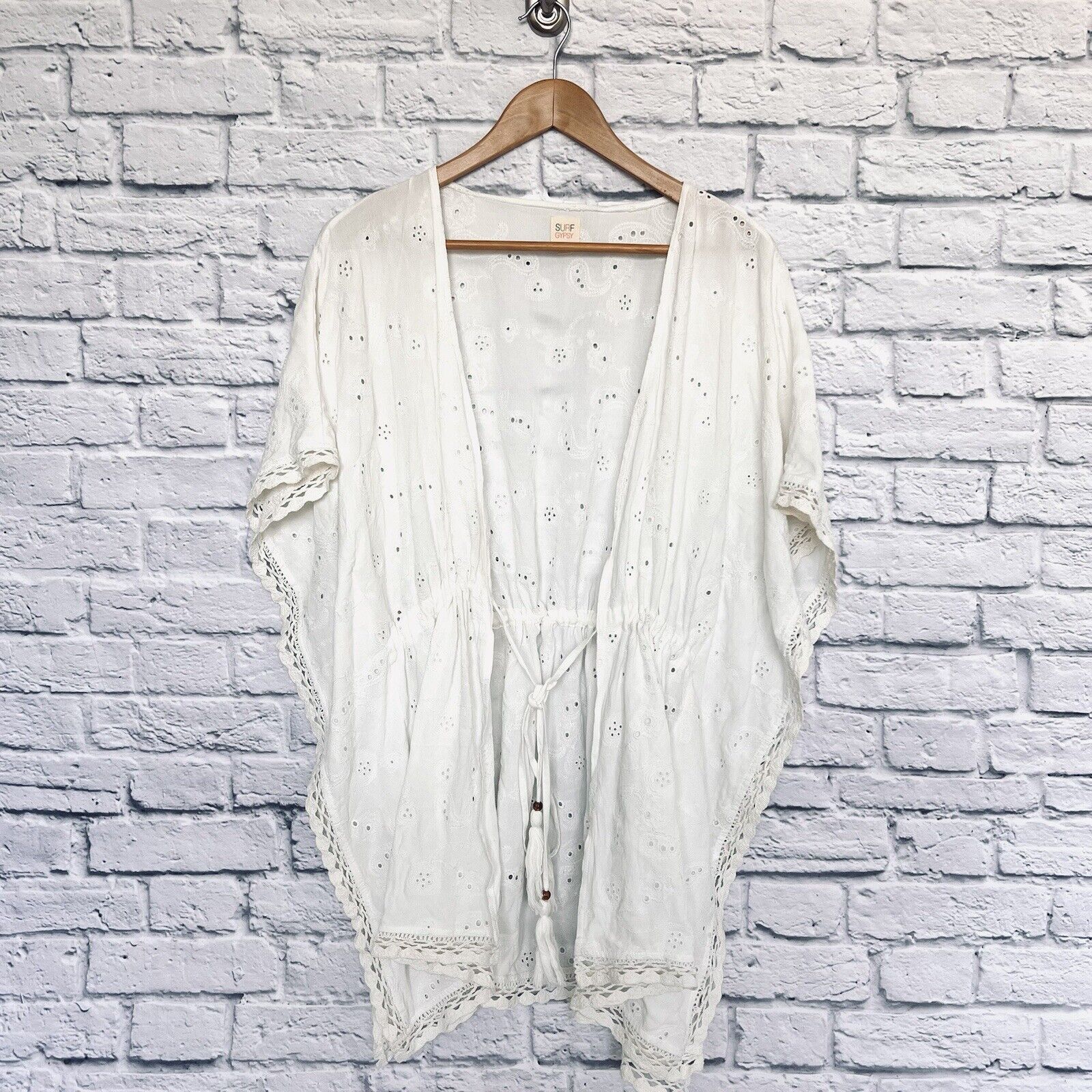 SURF GYPSY Womens Top White Small Eyelet Boho Cottagecore Blouse Cover Up