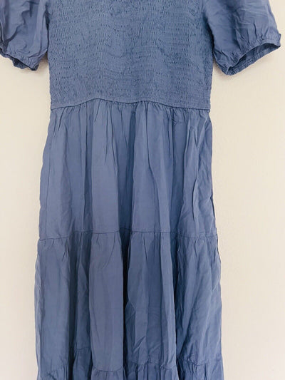 UNBRANDED Smocked Tiered Maxi Dress Sz L Blue Puff Sleeve Long Peasant Boho