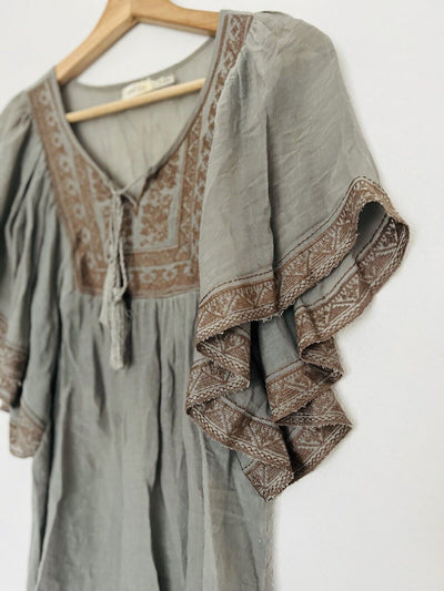 BLUE BIRD Embroidered Earthy Boho Blouse Sz S Flared Sleeves Tie Neck Flowy Top