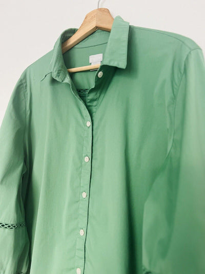 CHICO’S Poplin Billow Sleeve Blouse Shirt Sz XL Green Button Up Crochet Boho