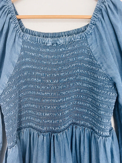 UNBRANDED Smocked Tiered MIDI Dress Blue Puff Sleeve Long Peasant Boho