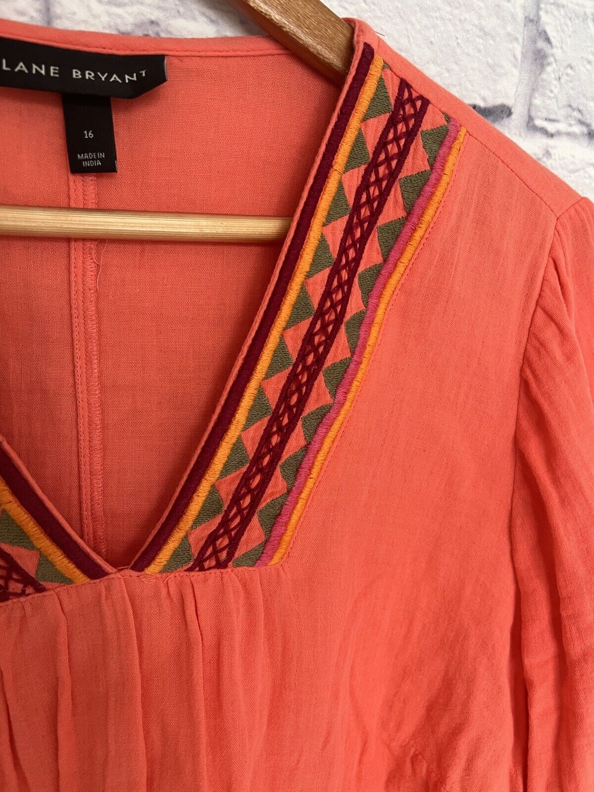 LANE BRYANT Plus Embroidered V-Neck Pullover Sz 16/18 Coral Color Boho Blouse