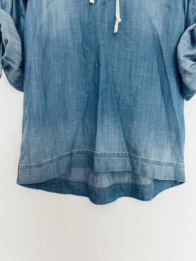 ANTHROPOLOGIE Dear John Chambray Denim Lace Up Tunic Blouse Sz S Roll Tab Boho