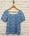 LOFT Embroidered Bubble Sleeve Top Womens Petite Large Floral Print Blue