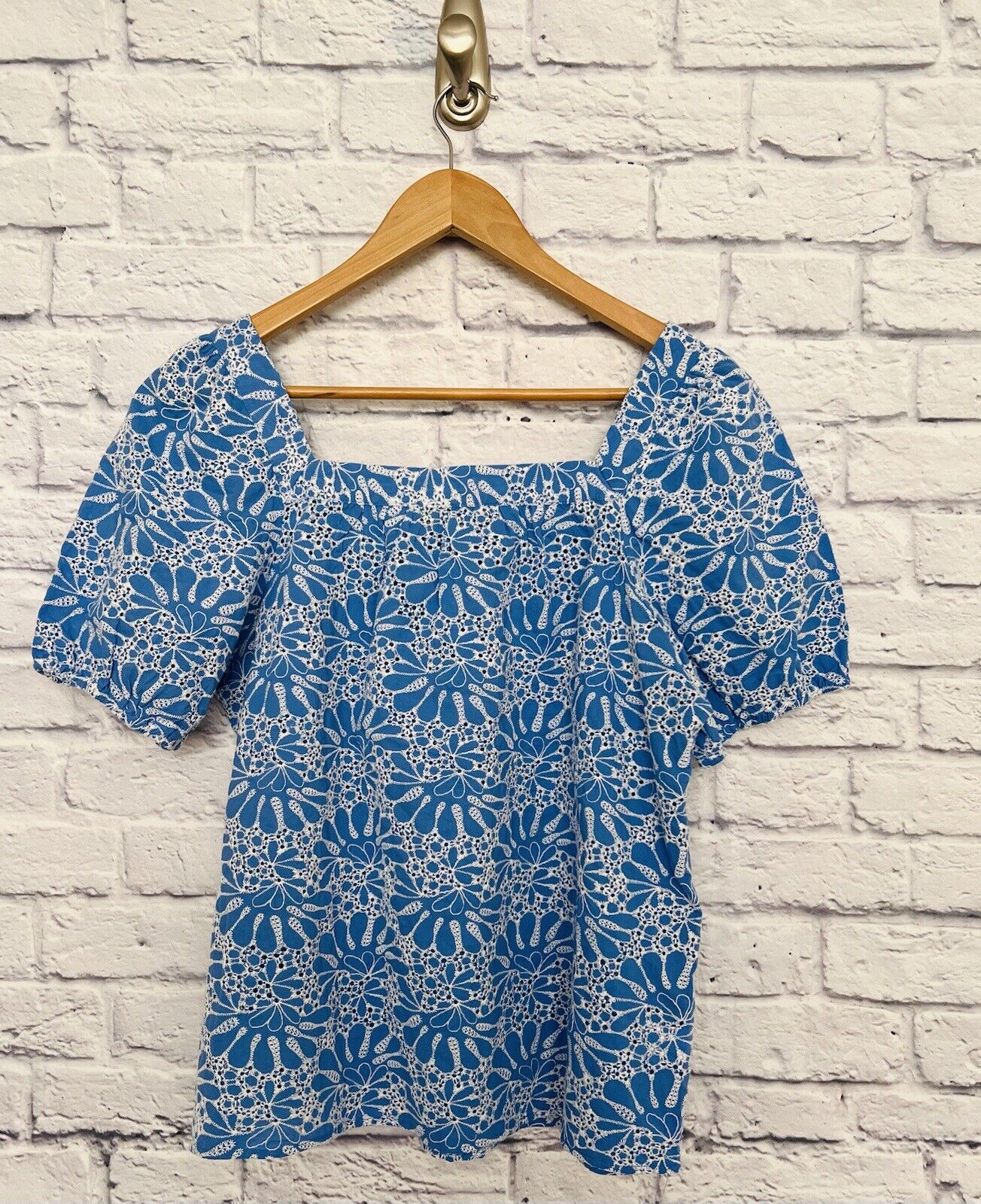LOFT Embroidered Bubble Sleeve Top Womens Petite Large Floral Print Blue