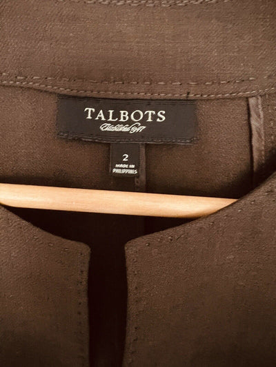 TALBOTS Womens Open Front Coat Sz 4 3/4 Sleeve Tie Waist Brown Jacket Office