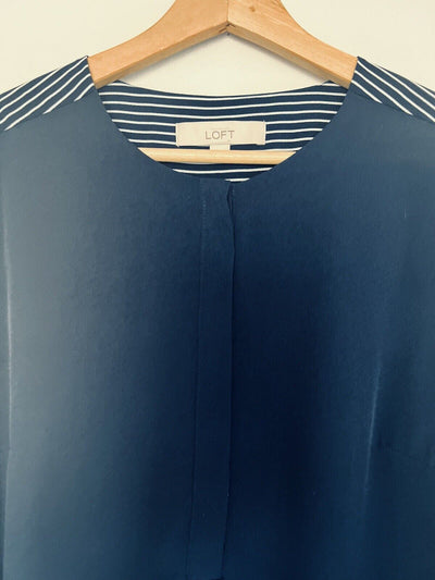 ANN TAYLOR Loft Navy Blue White Shirt Dress Sz M Block Shift 3/4 Sleeve Office