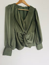 ENTRO Olive Satin Blouse Sz S Balloon Sleeves Flowy Workwear Office
