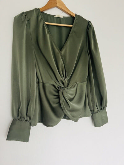 ENTRO Olive Satin Blouse Sz S Balloon Sleeves Flowy Workwear Office