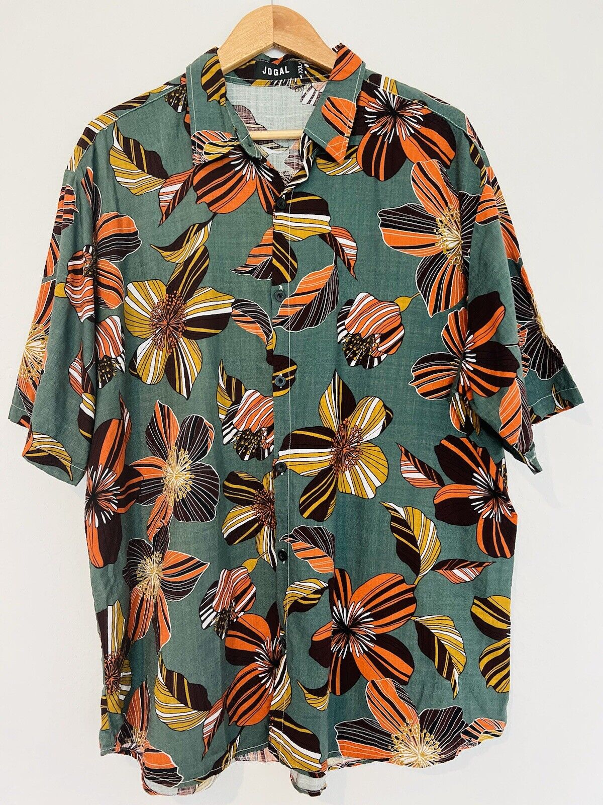 JOGAL Floral Cotton Viscose Hawaiian Shirt Sz 2XL Green Resort Travel Summer
