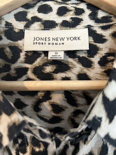 JONES NEW YORK Animal Leopard Print Linen Shirt Tunic Sz 1X Blouse Boho