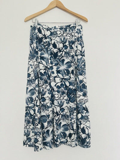 ORVIS 100% Linen Floral Maxi Skirt Sz 12 Blue Zip Closure Cottagecore Boho
