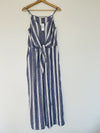 LOFT NWT Linen Blend Wide Leg Jumpsuit Sz L Khaki Blue Striped Minimalist Boho