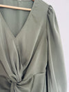 ENTRO Olive Satin Blouse Sz S Balloon Sleeves Flowy Workwear Office