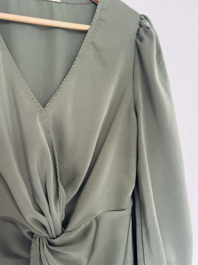 ENTRO Olive Satin Blouse Sz S Balloon Sleeves Flowy Workwear Office