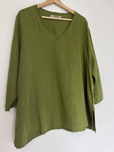 FLAX 100% Linen Women's Pullover Shirt Sz L Green Lagenlook