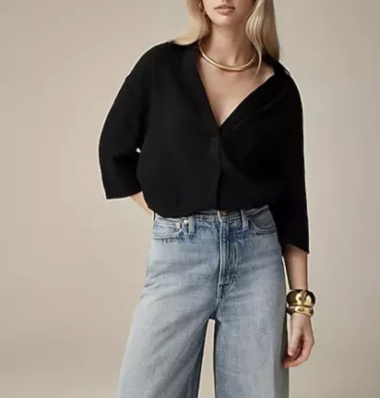 J. CREW Cotton Gauzy Popover Shirt Sz XXL Black V Neck Pocket Lightweight Boho