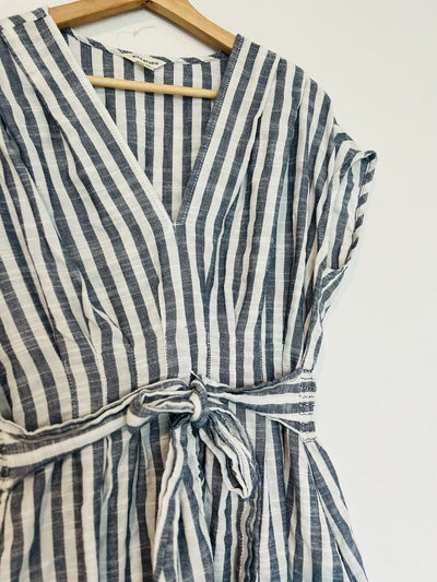 MAX STUDIO Blue Striped Midi Dress Sz M Smocked Waist Tie Pockets Hi-Low Boho