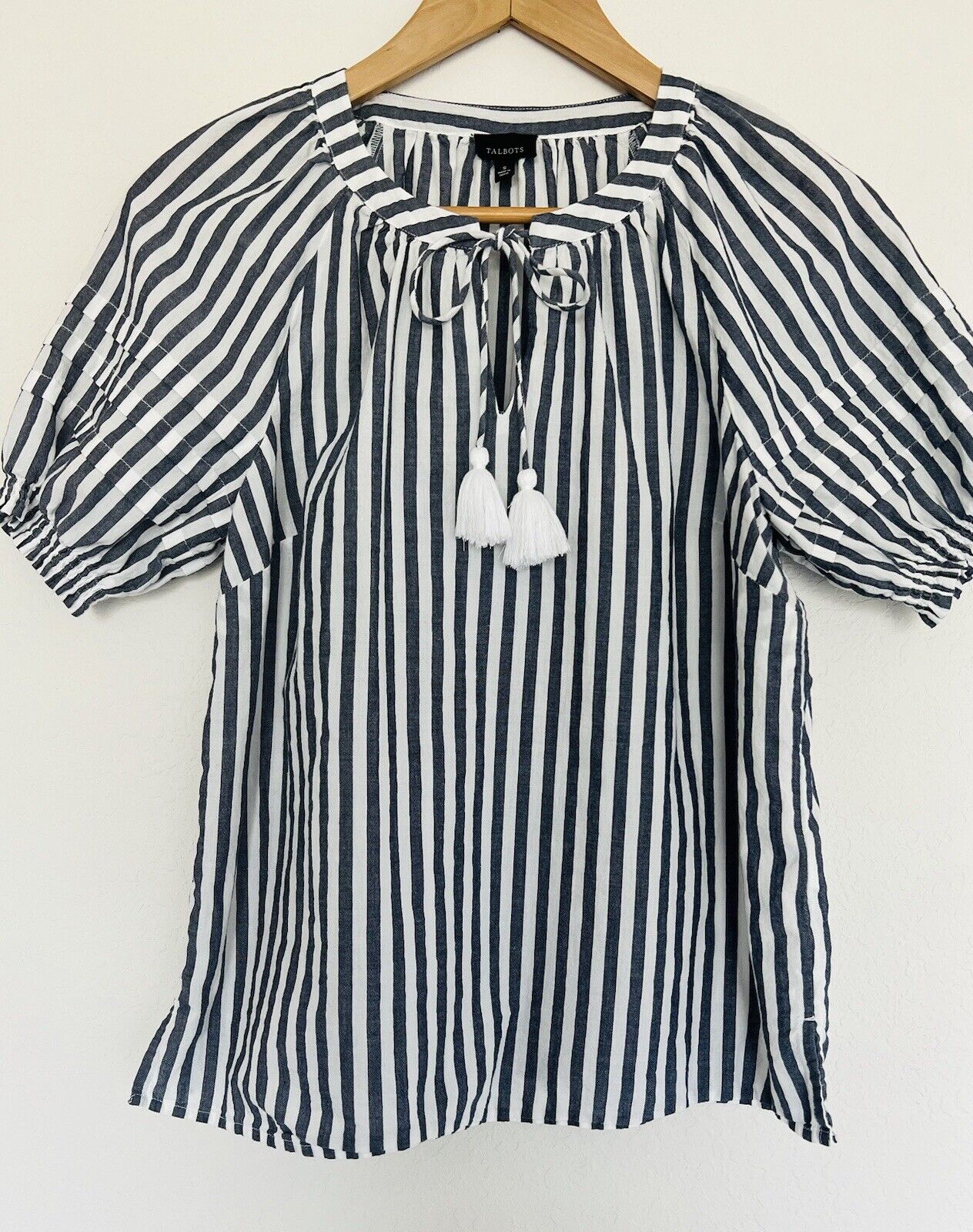 TALBOTS Tassel Tie Neck Blouse Sz S White Black Stripe Shirt Ruche Sleeve Boho