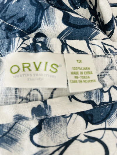 ORVIS 100% Linen Floral Maxi Skirt Sz 12 Blue Zip Closure Cottagecore Boho
