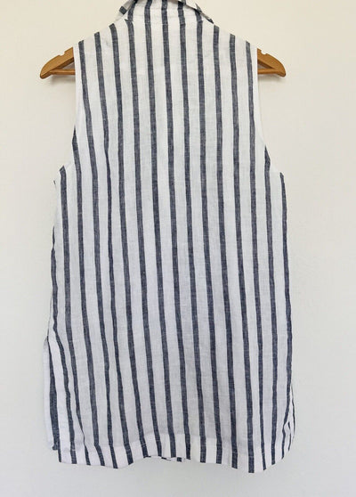 CHICO’S 100% Linen Striped Vest Sz M Blue/White Collar Open Front Lined Nautical