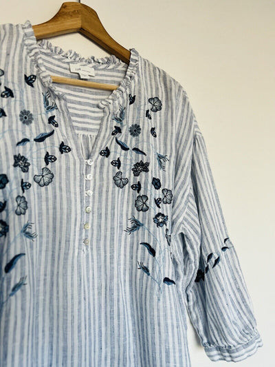 J Jill Love 100% Linen Embroidered Striped Tunic Blouse Sz M Floral Western Boho