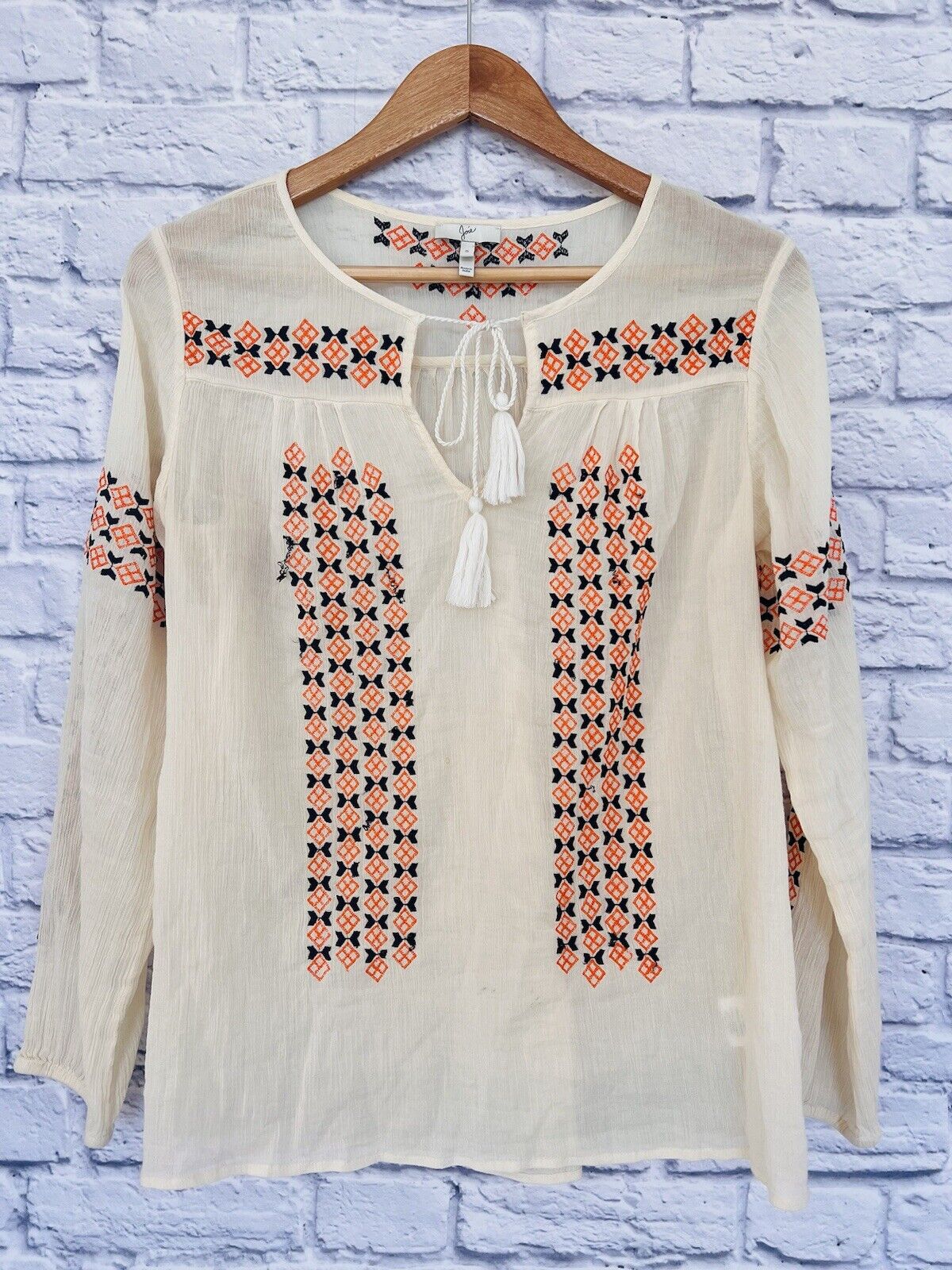 JOIE Womens Nira Geo Embroidery Top Ivory Sz S V-Neck 100% Cotton Boho Hippie