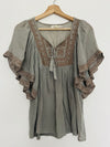 BLUE BIRD Embroidered Earthy Boho Blouse Sz S Flared Sleeves Tie Neck Flowy Top