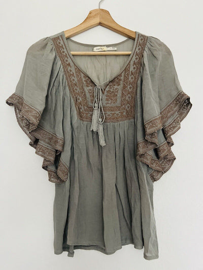 BLUE BIRD Embroidered Earthy Boho Blouse Sz S Flared Sleeves Tie Neck Flowy Top