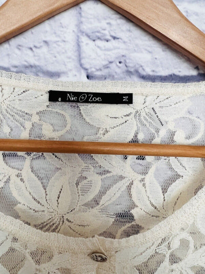 NIC & ZOE Ivory Floral Lace Sweater Sz M Button Long Sleeve Feminine Boho Wester